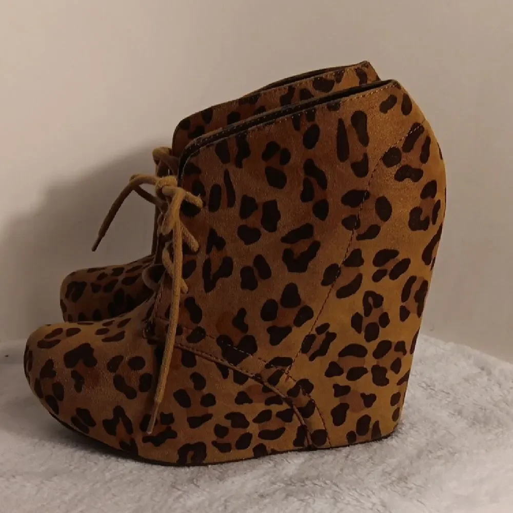 Soda Leopard Print Wedge Ankle Boots